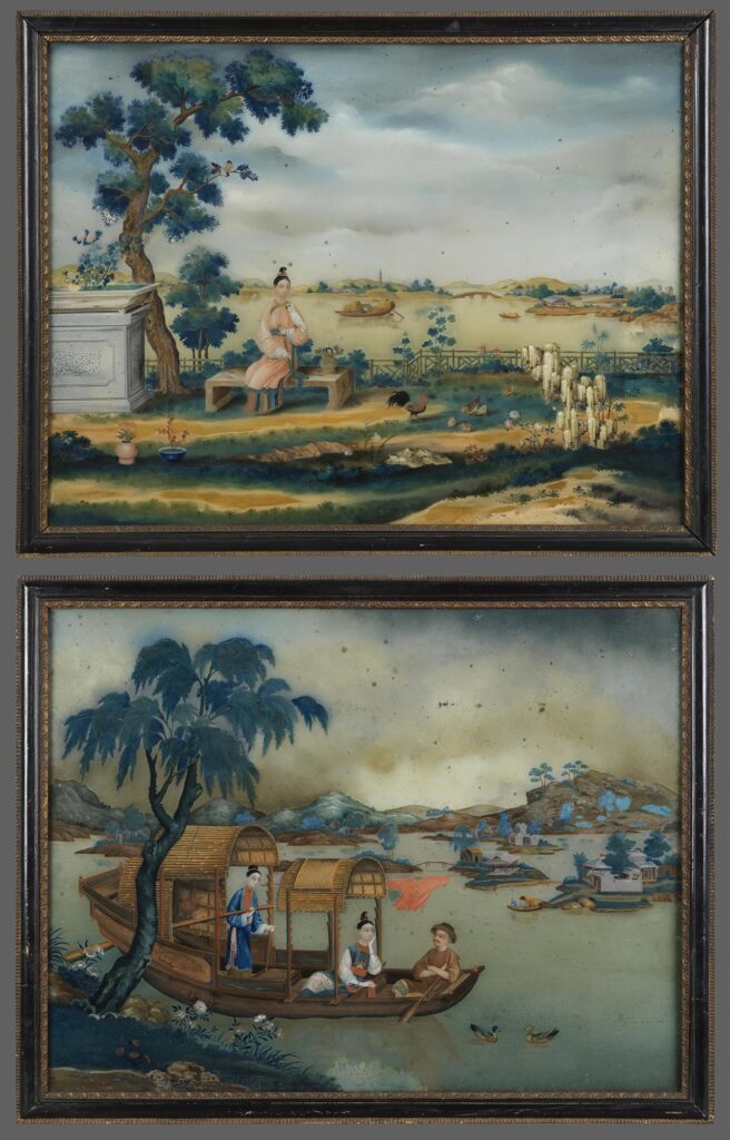 Large Pair of Chinese Export Reverse Glass Paintings