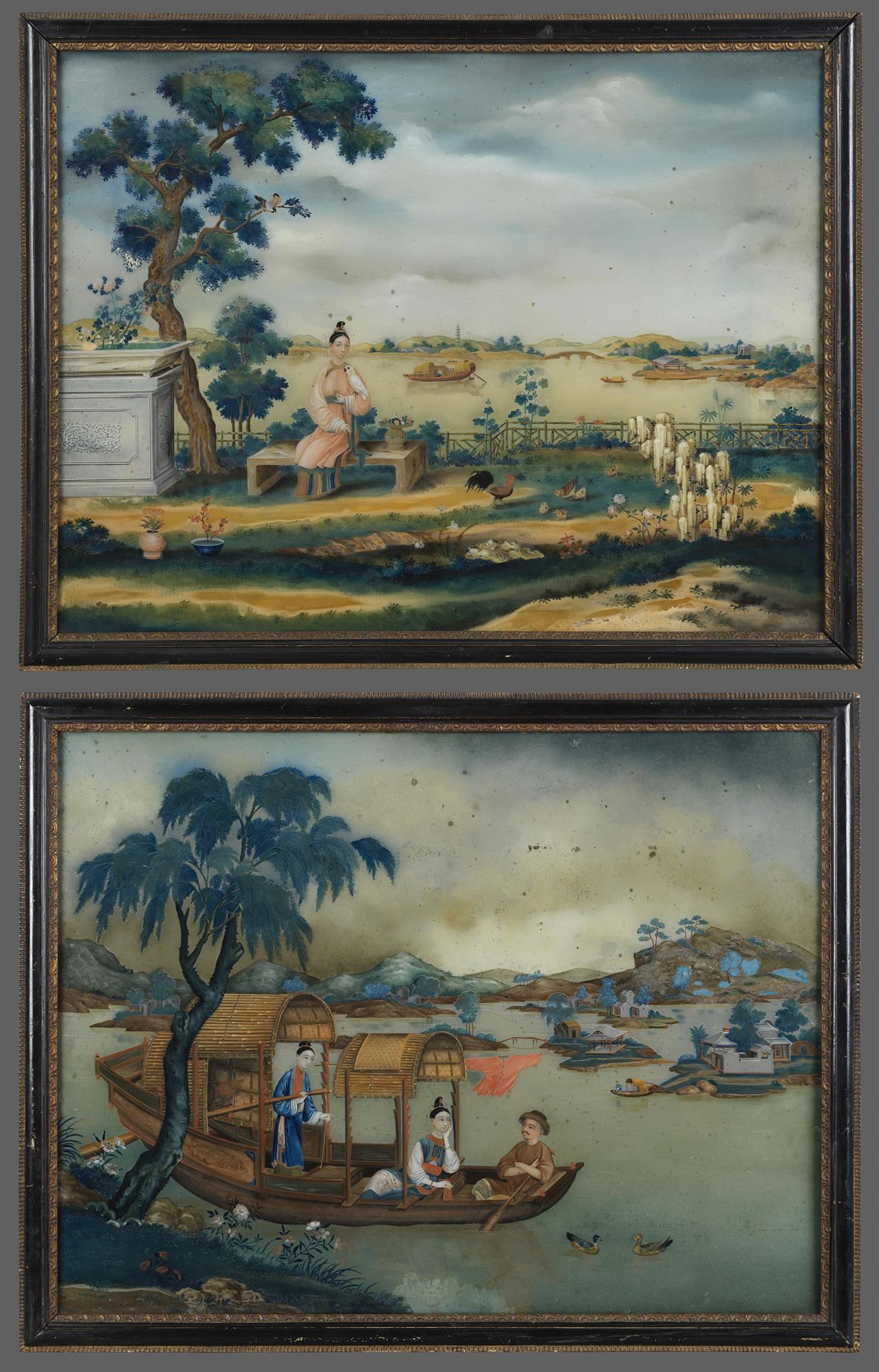 Large Pair of Chinese Export Reverse Glass Paintings