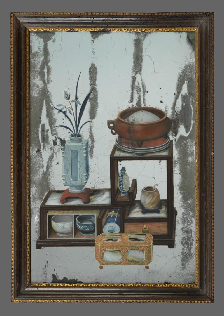 Chinese Export Reverse Glass Painting depicting a Group of Precious Objects