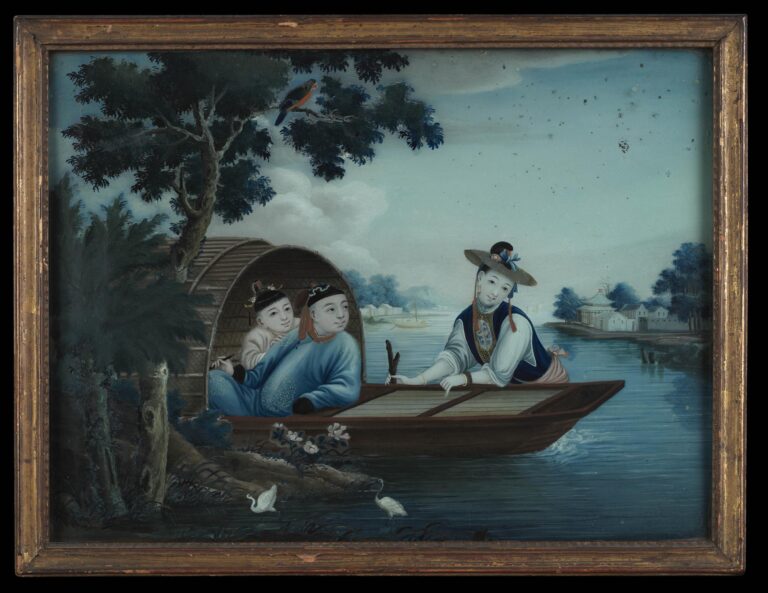 Chinese Export Reverse Glass Painting of Mandarin seated in a Boat