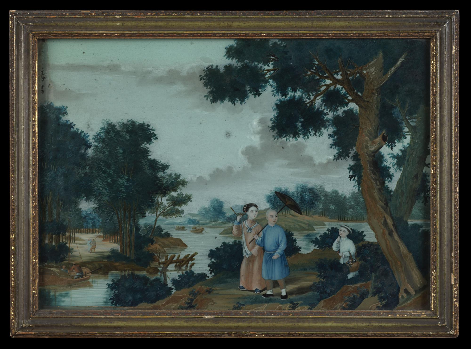 Chinese Export Reverse Glass Landscape Painting