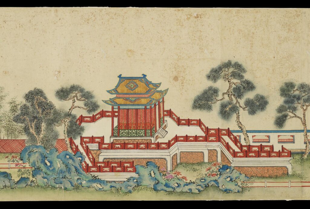 Watercolour Scroll Depicting Palace Buildings and Pagodas
