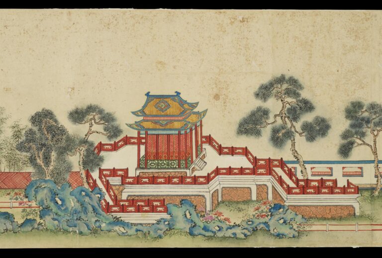 Watercolour Scroll Depicting Palace Buildings and Pagodas
