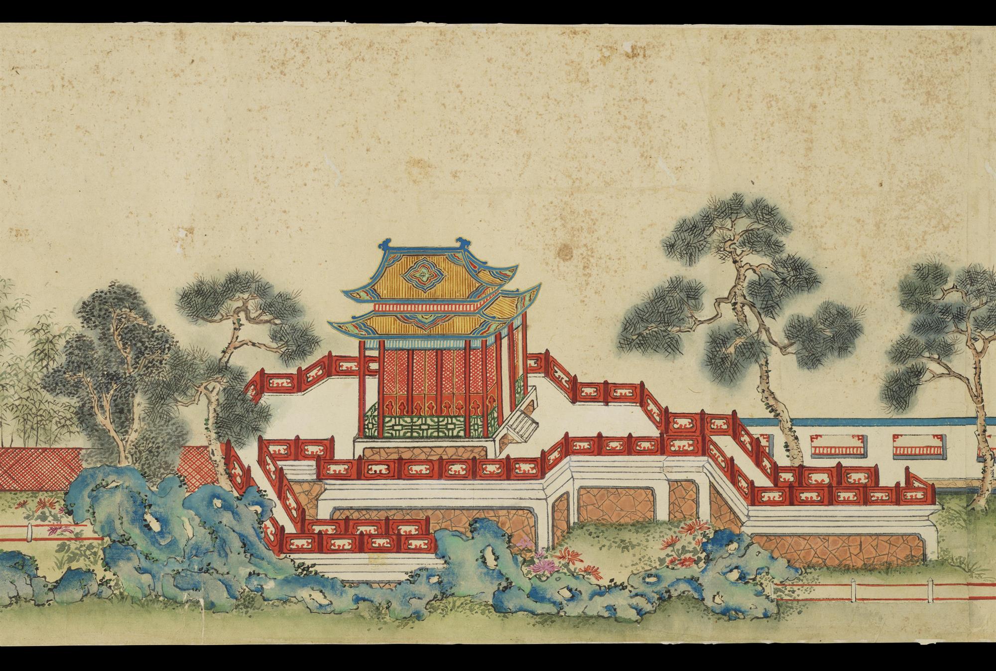 Watercolour Scroll Depicting Palace Buildings and Pagodas