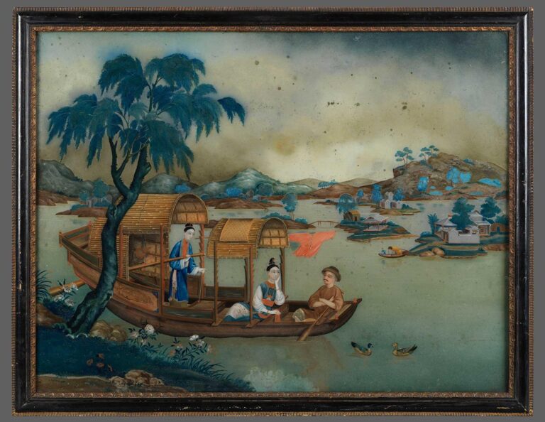 Large Pair of Chinese Export Reverse Glass Paintings