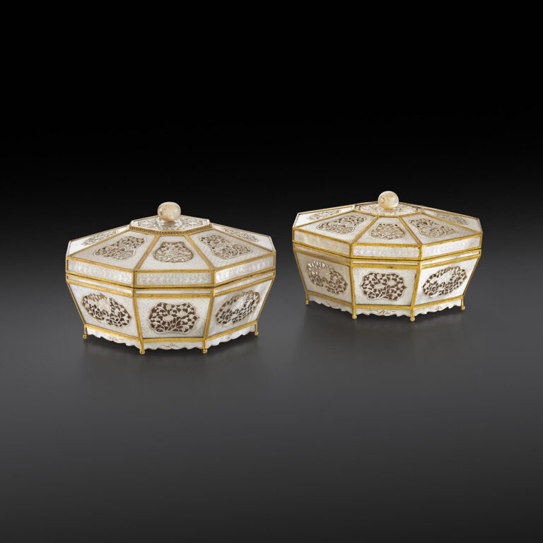Pair of Chinese Gilt Metal Mounted Mother of Pearl Boxes and Covers