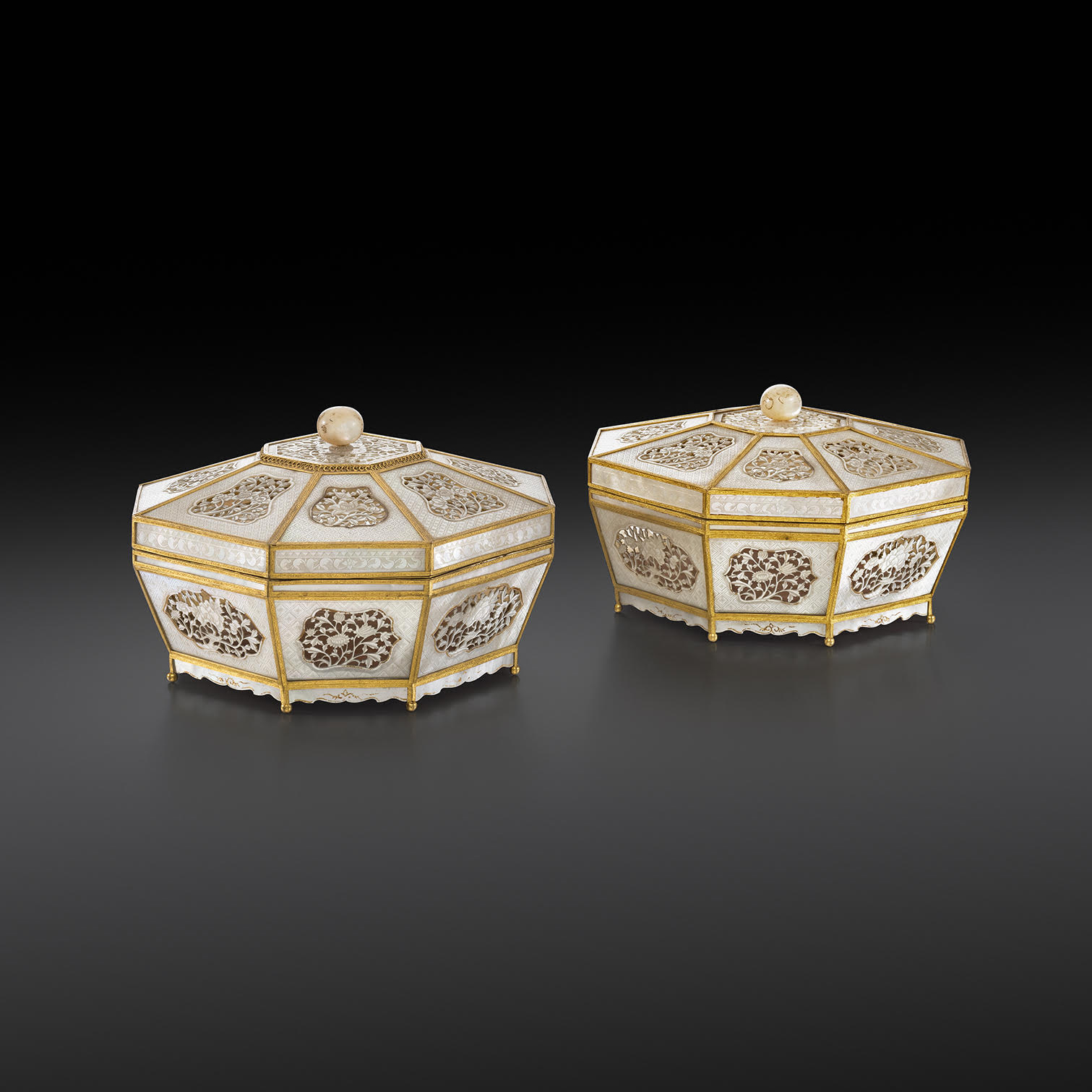 Pair of Chinese Gilt Metal Mounted Mother of Pearl Boxes and Covers