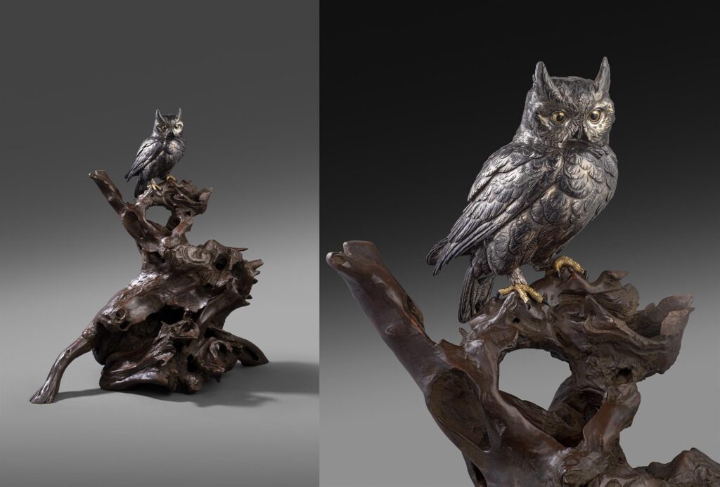 Cast Silvered Bronze Model of a Scops Owl