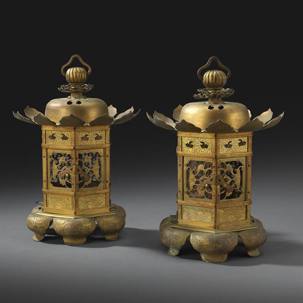 Pair of Gilt Copper Hexagonal Lanterns