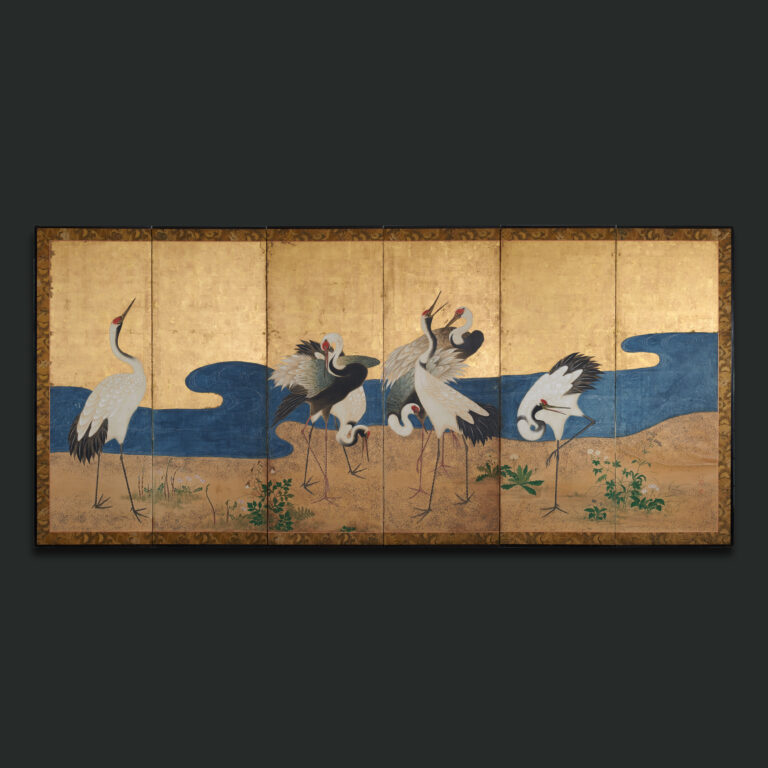 A six fold gold leaf screen with cranes