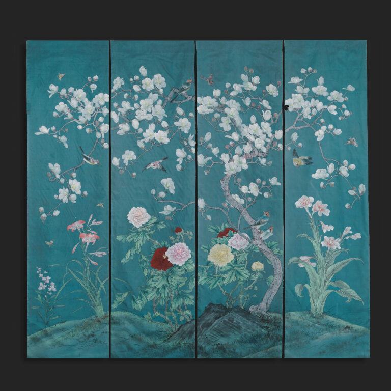 Set of Four Painted Silk Panels
