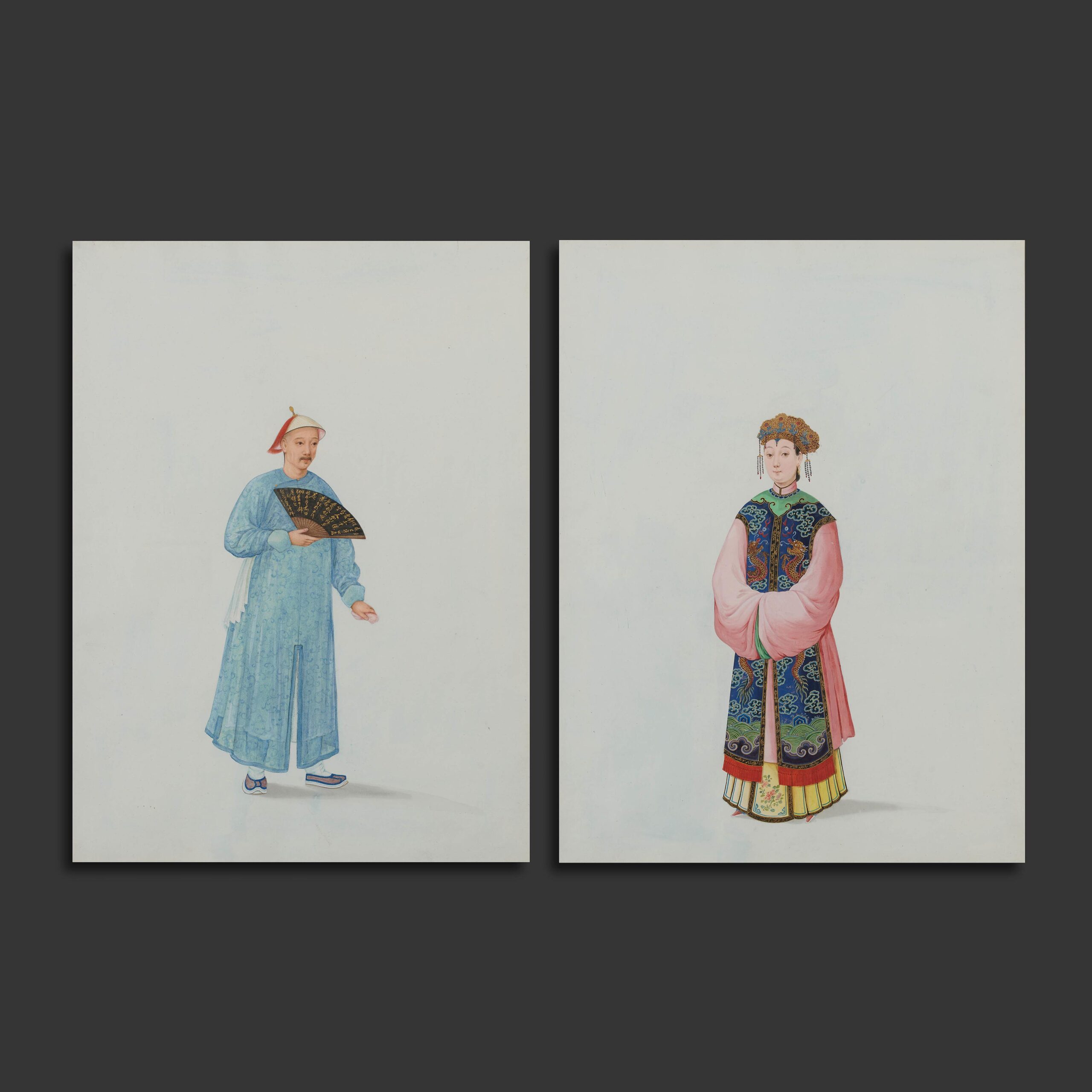 A pair of Gouache on paper of a Chinese couple