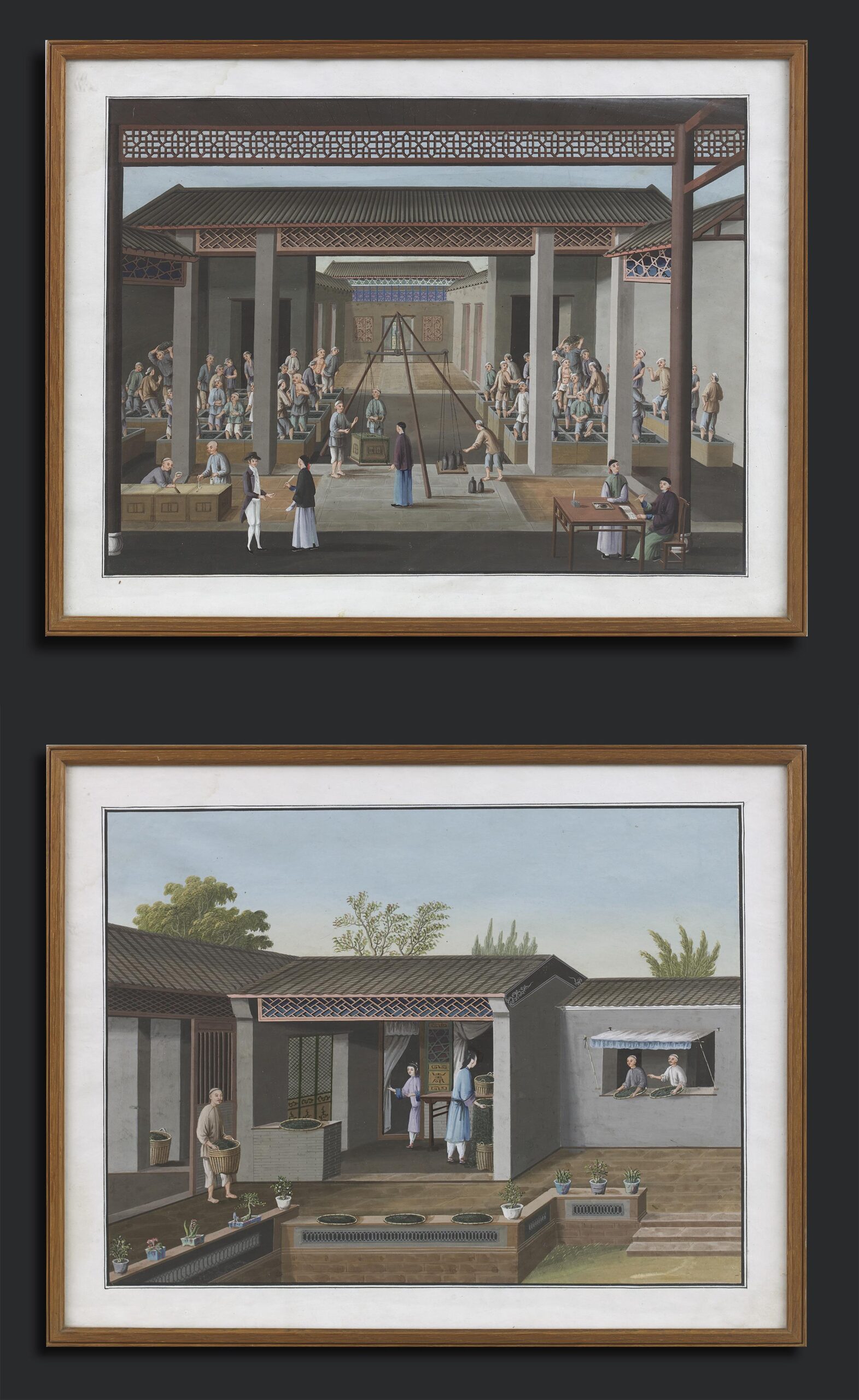 Pair of Canton gouache paintings with tea production